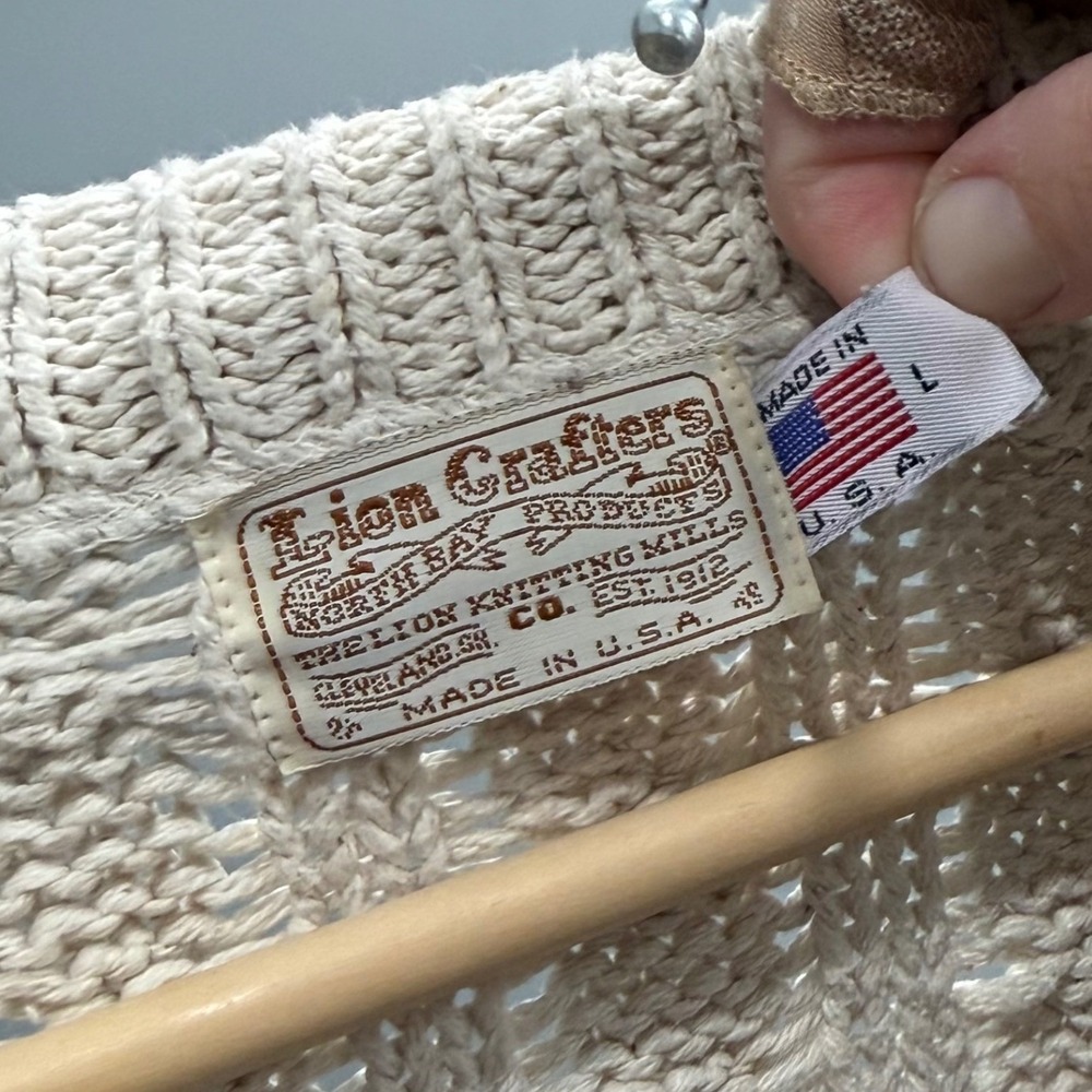 Lion Crafters Vintage Fisherman Cable Knit Cardigan Sweater Cream USA Made L - Picture 5 of 6